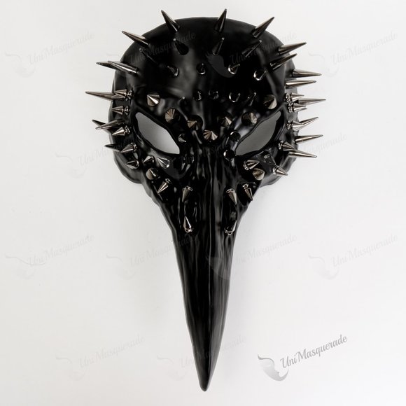 Steampunk Raven Skull Plague doctor Bird With Silver Spikes Halloween Black Mask - Picture 2 of 3
